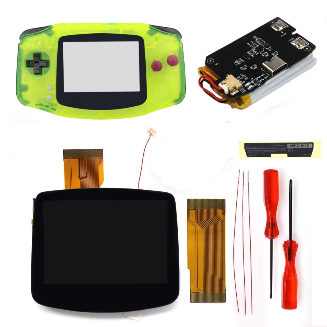 New Rechargeable 1800 Battery Type-C GBA Replacement Plastic Shell V5 Pre-laminated IPS LCD Grey/ Black Screen Lens Housing Kits