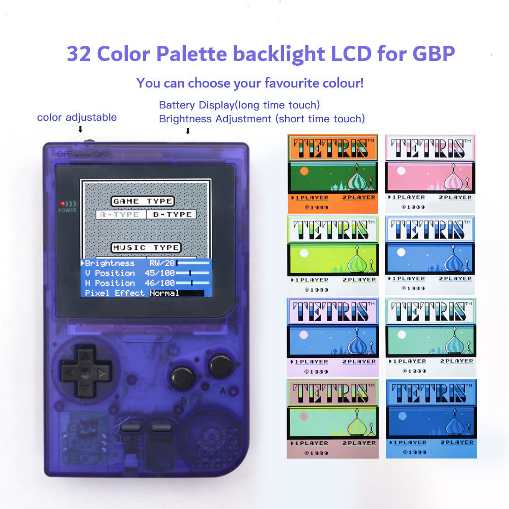 Rechargeable 32 Logo Color Adjustable GBP Q5 IPS Larger Screen LCD Display Build in OSD FRM for GBP Retro Pixel Screen Kits with Shelll