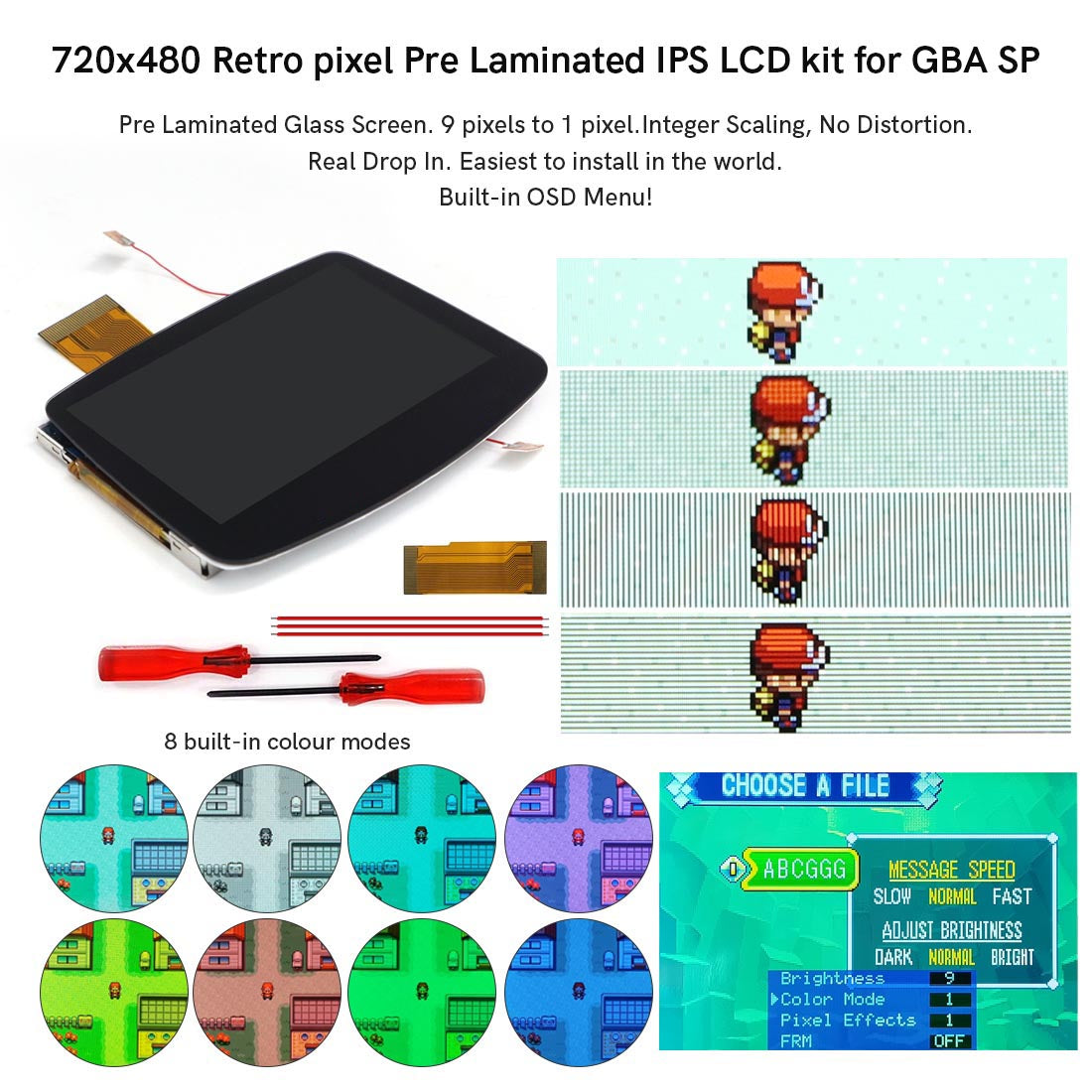 New Rechargeable 1800 Battery Type-C GBA Replacement Plastic Shell V5 Pre-laminated IPS LCD Grey/ Black Screen Lens Housing Kits