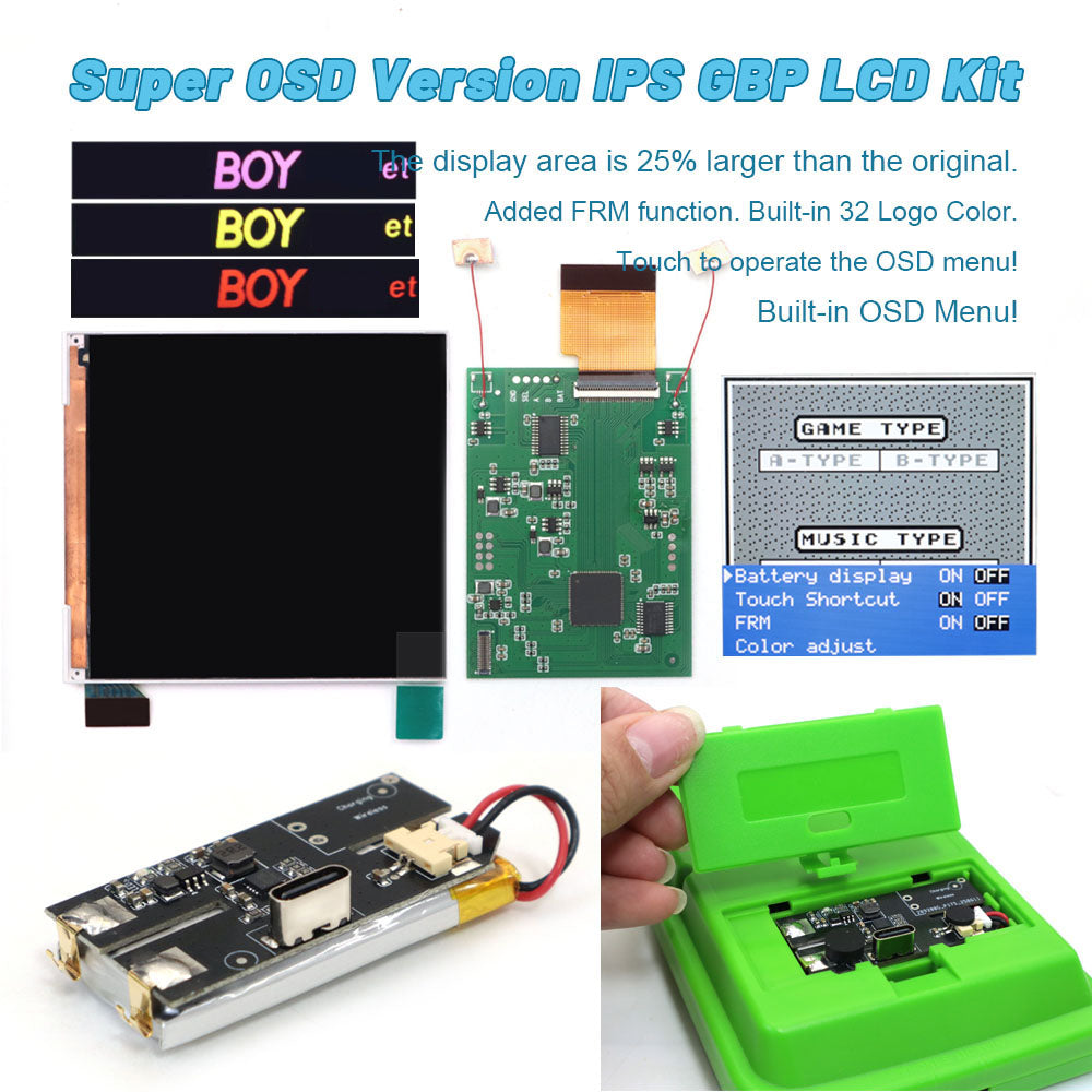 Rechargeable 32 Logo Color Adjustable GBP Q5 IPS Larger Screen LCD Display Build in OSD FRM for GBP Retro Pixel Screen Kits with Shelll