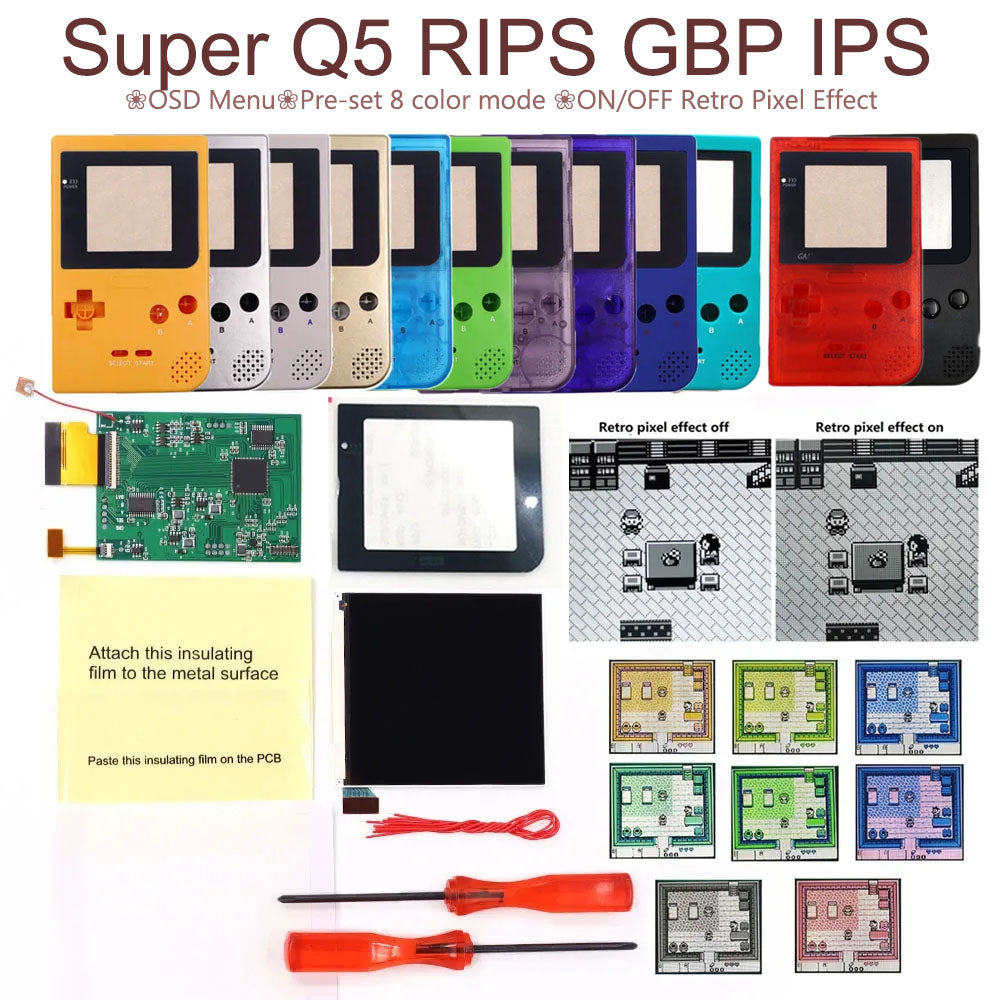 Rechargeable GBP Q5 IPS LCD Larger Screen Display Build in OSD for Gameboy Pocket 8 Color Retro Pixel Screen Mod Kits with Shell
