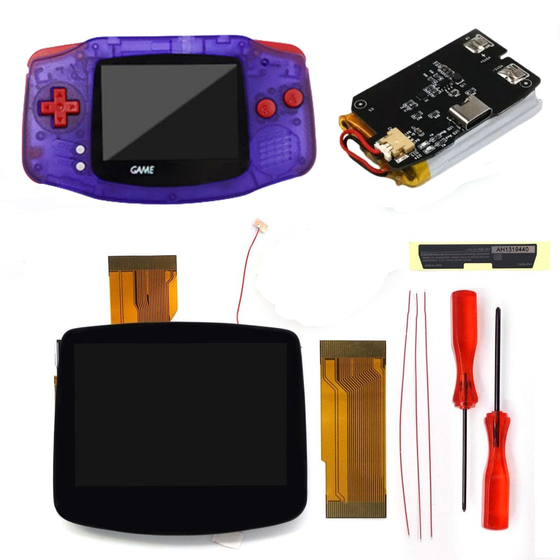 New Rechargeable 1800 Battery Type-C GBA Replacement Plastic Shell V5 Pre-laminated IPS LCD Grey/ Black Screen Lens Housing Kits