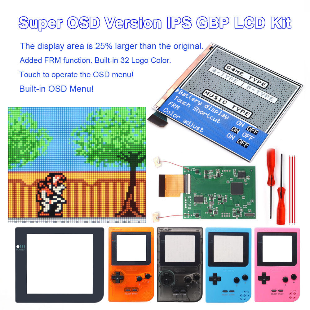 Rechargeable 32 Logo Color Adjustable GBP Q5 IPS Larger Screen LCD Display Build in OSD FRM for GBP Retro Pixel Screen Kits with Shelll