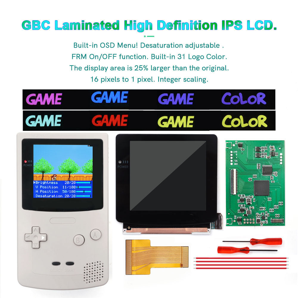 For GBC Rechargable 3.1 inch HD Laminated Q5 Larger IPS Screen Drop in OSD RETRO PIXEL Screen For GBC GameBoy Color With Shell