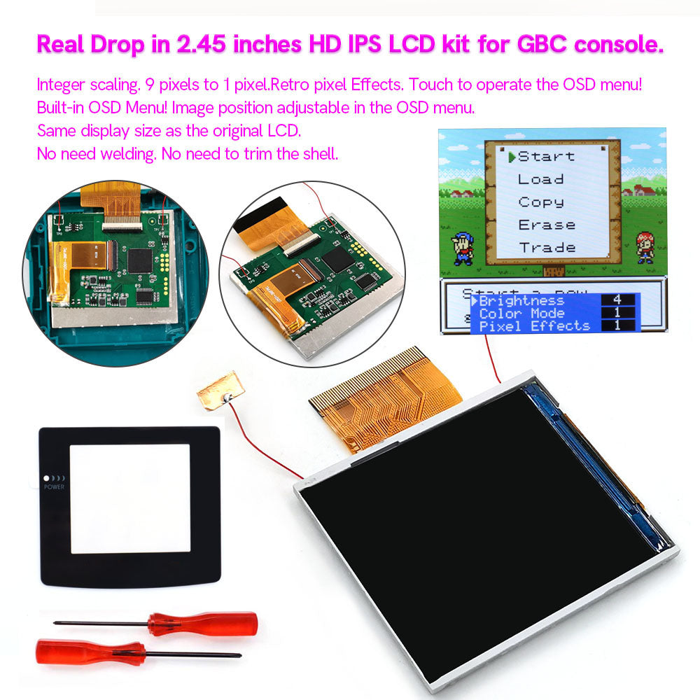 Real Drop In 2.45" GBC IPS Backlight Screen PCB Mod Kits Replacement Easy Installation OSD Pixel Effect For Gameboy Color