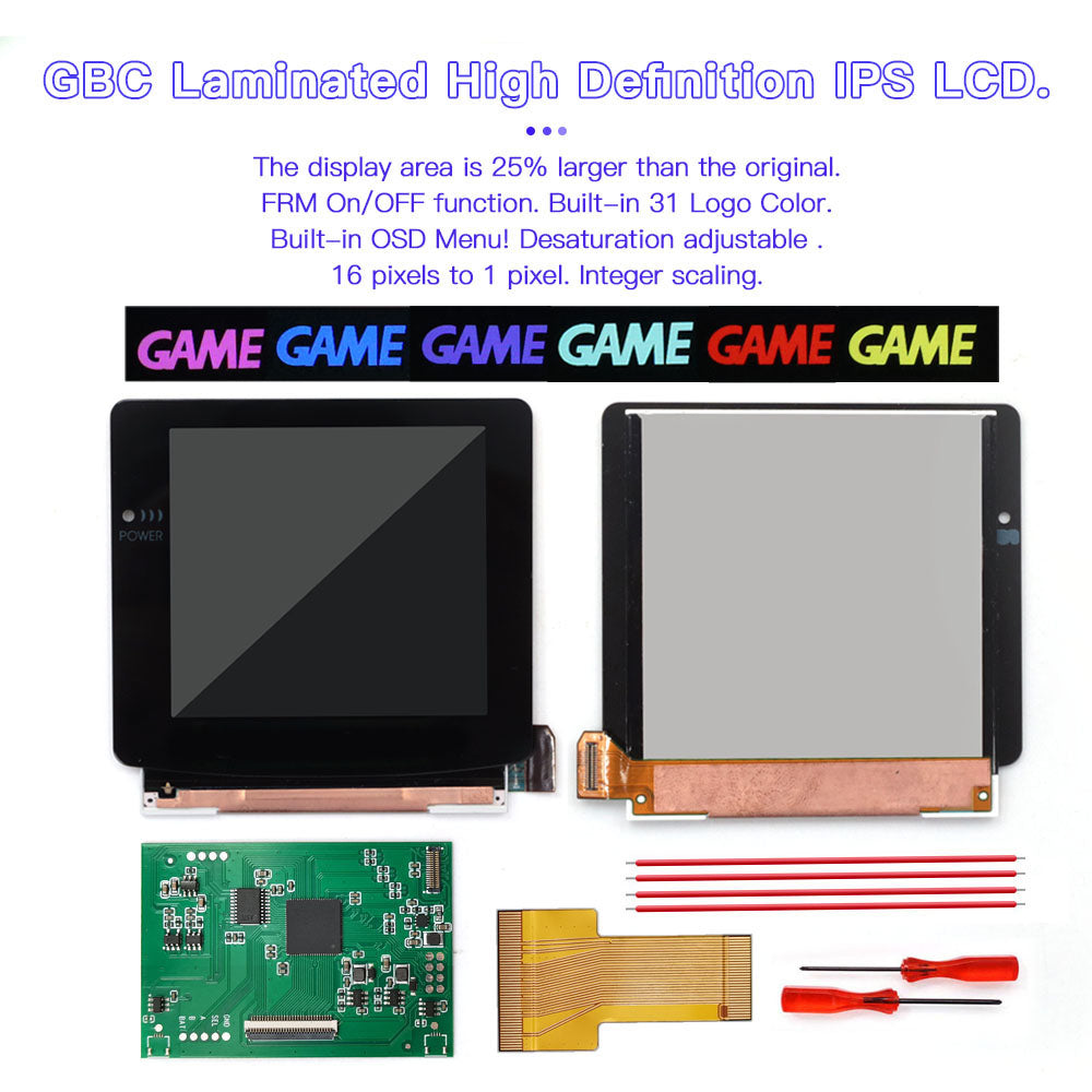 For GBC Rechargable 3.1 inch HD Laminated Q5 Larger IPS Screen Drop in OSD RETRO PIXEL Screen For GBC GameBoy Color With Shell