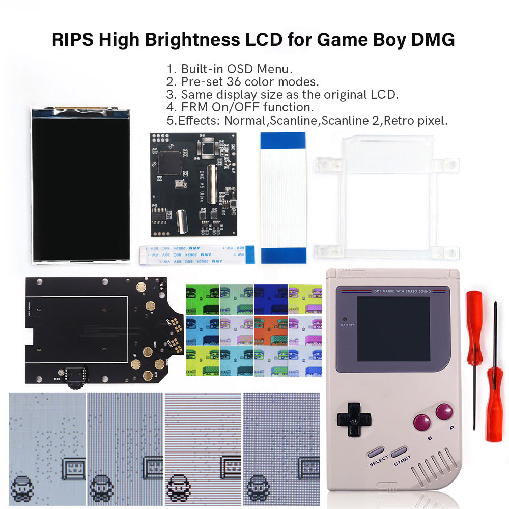 HISPEEDIDO For GBO V5 Pro 36 Colors Changing RIPS Backlight Backlit LCD OSD FRM Screen Kits Replacement For GB DMG with Pre-cut shell