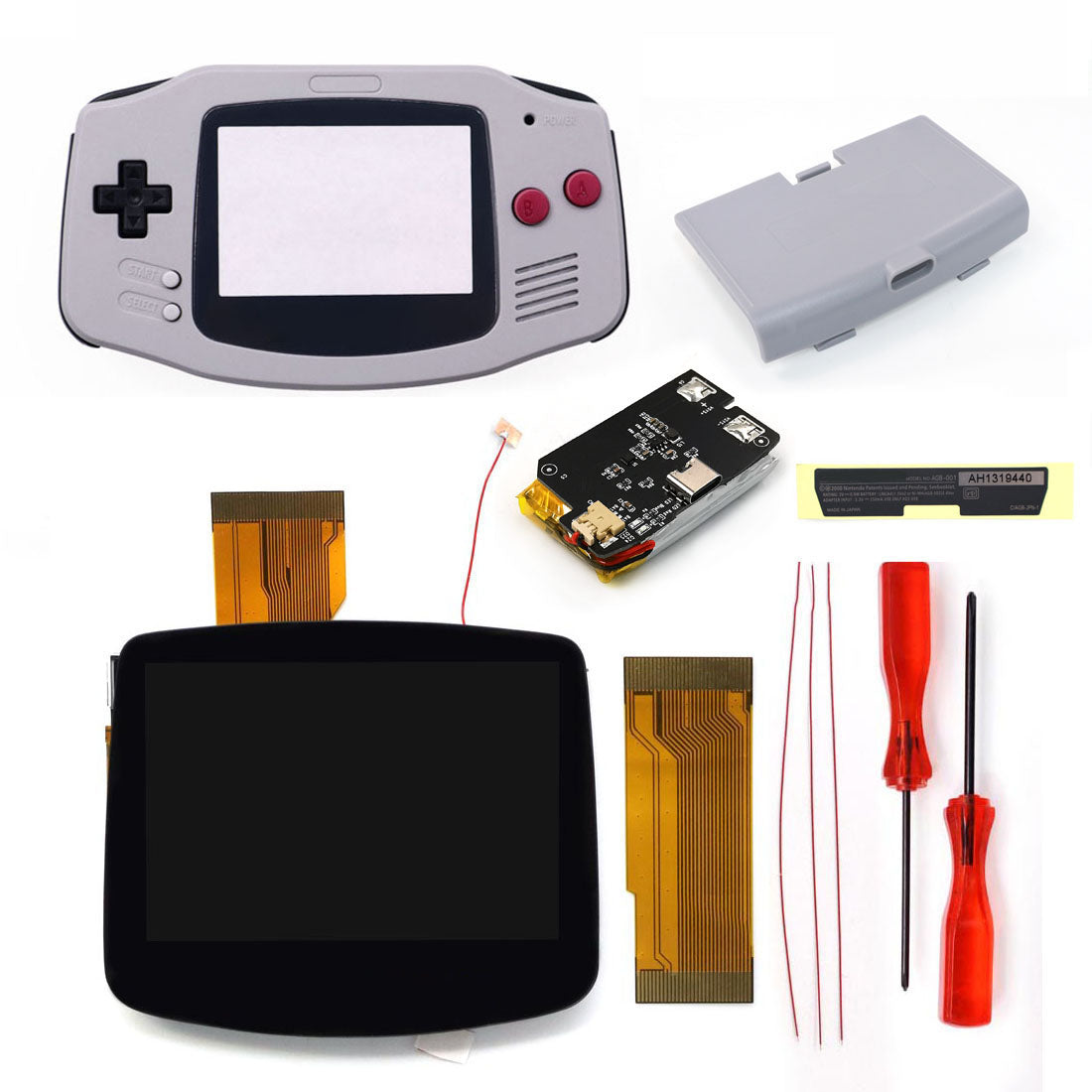 New Rechargeable 1800 Battery Type-C GBA Replacement Plastic Shell V5 Pre-laminated IPS LCD Grey/ Black Screen Lens Housing Kits