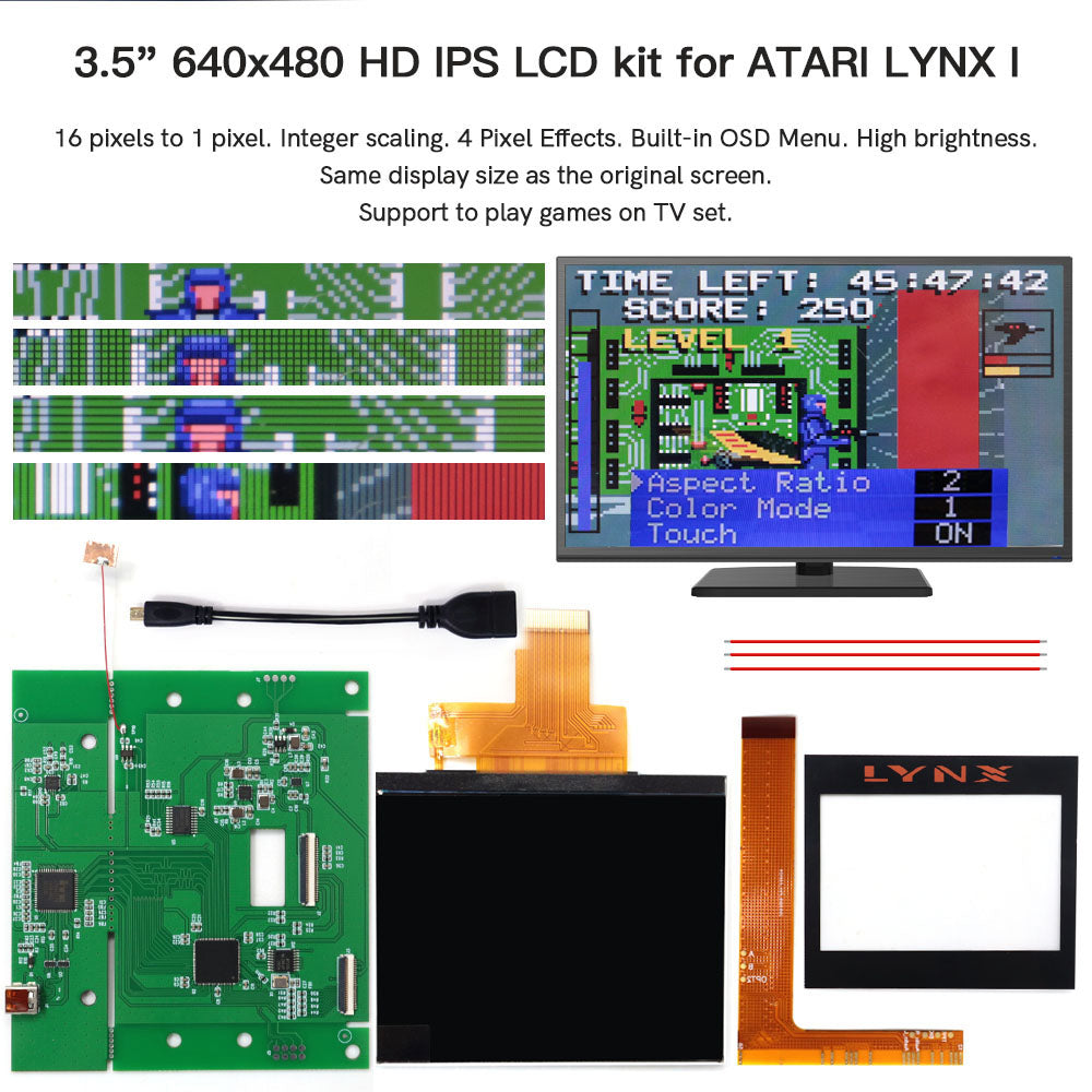 HISPEEDIDO For Atari LYNX 1st 720P HDMI IPS LCD Kits, 3.5 inch 640*480 Touch Control HD Screen Replacement Kits Console Spares