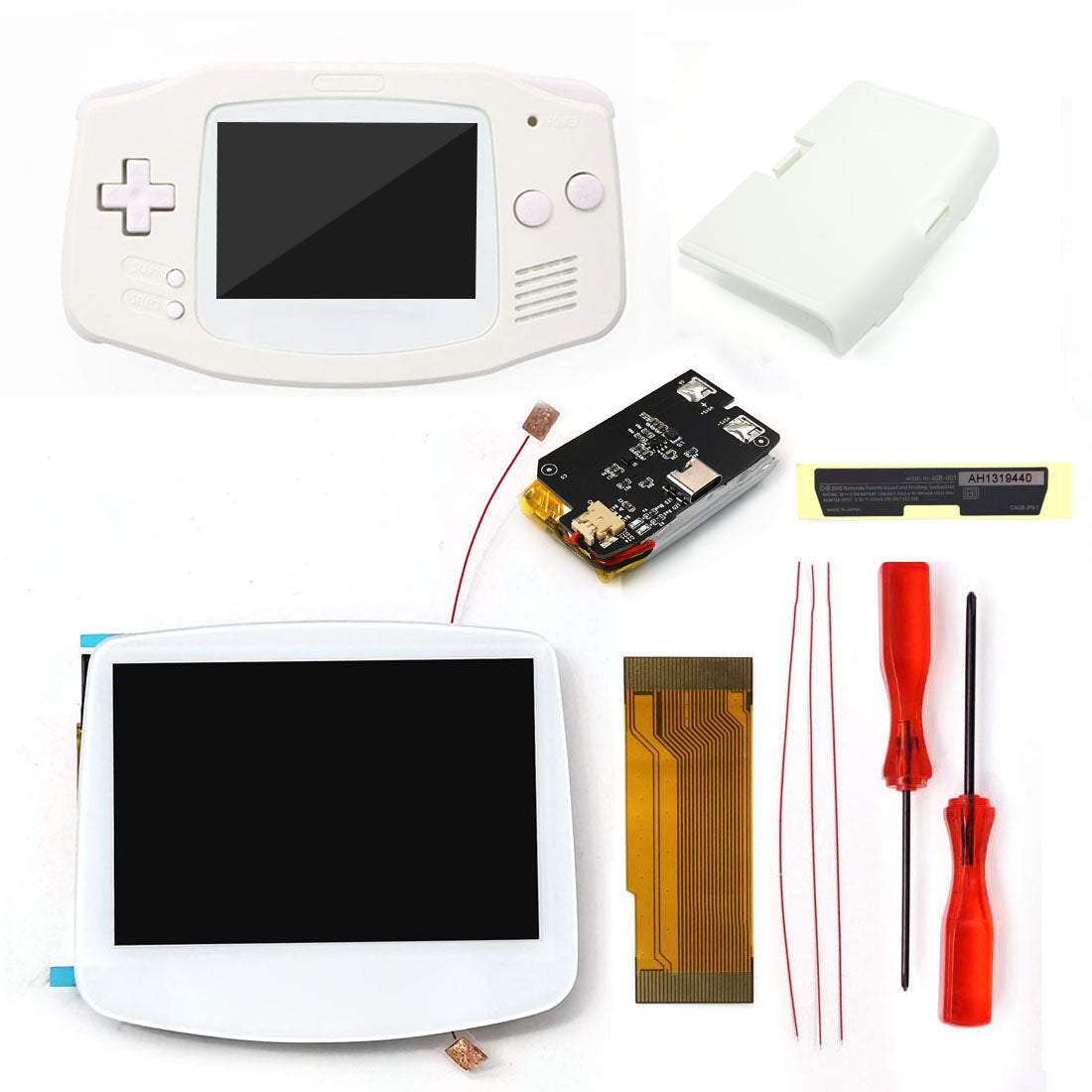 New Rechargeable 1800 Battery Type-C GBA Replacement Plastic Shell V5 Pre-laminated IPS LCD Screen Kit w/Housing Kits