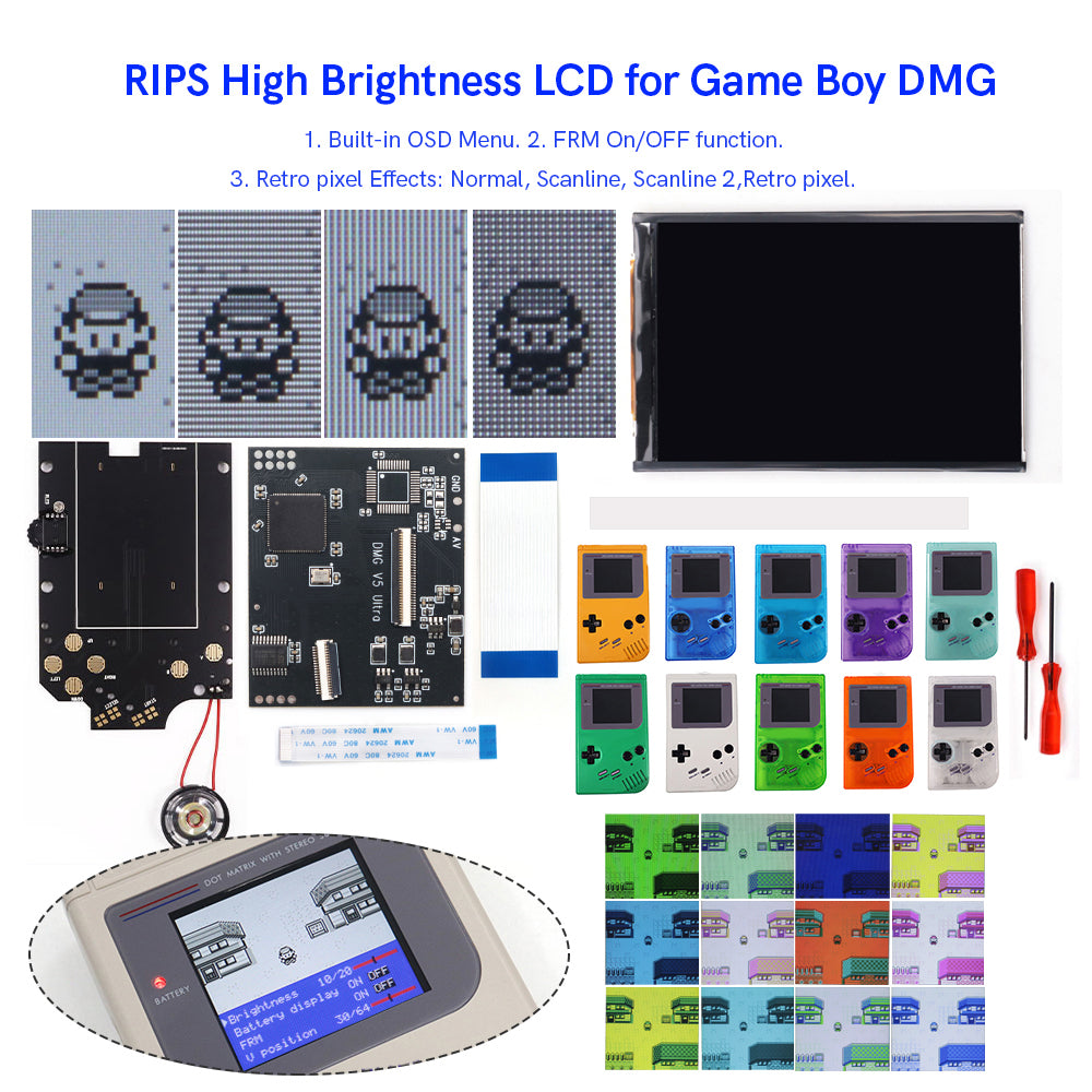 HISPEEDIDO For GBO V5 Pro 36 Colors Changing RIPS Backlight LCD OSD FRM Screen Kits Replacement For GB DMG with UV Pre-cut shell