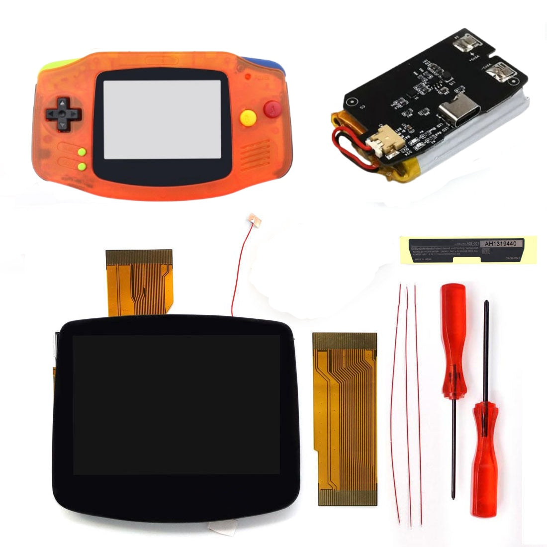New Rechargeable 1800 Battery Type-C GBA Replacement Plastic Shell V5 Pre-laminated IPS LCD Screen Kit w/Housing Kits
