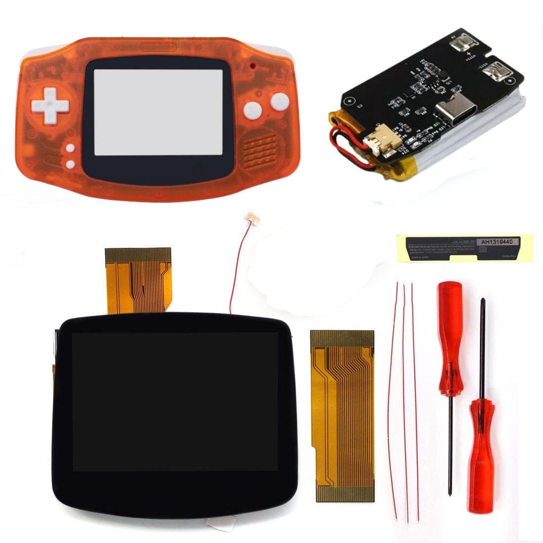 New Rechargeable 1800 Battery Type-C GBA Replacement Plastic Shell V5 Pre-laminated IPS LCD Screen Kit w/Housing Kits