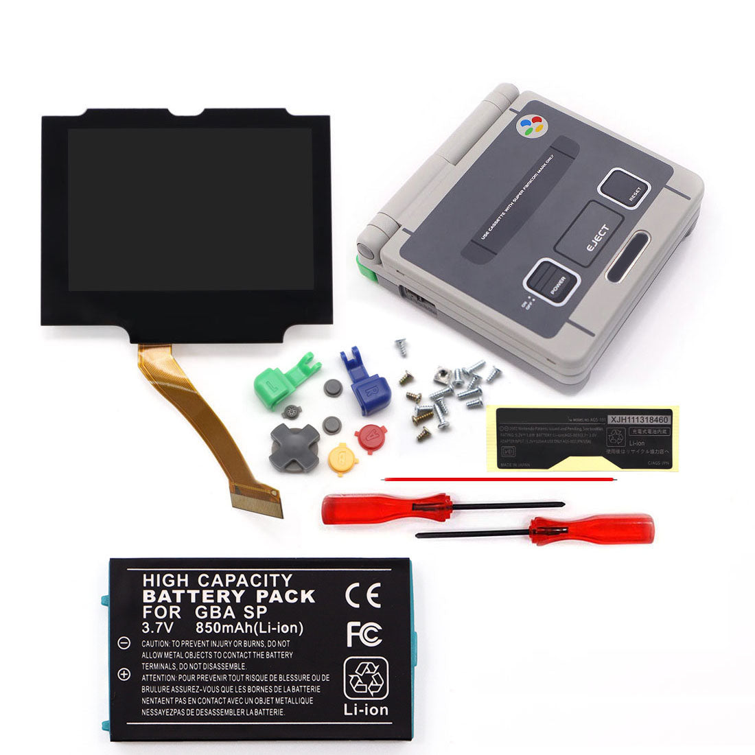 3.7V Battery Pack V5 Laminated IPS 3.0 inch Drop in Screen Kit For GBA SP Build in OSD Desaturation LCD Kit Easy to Install