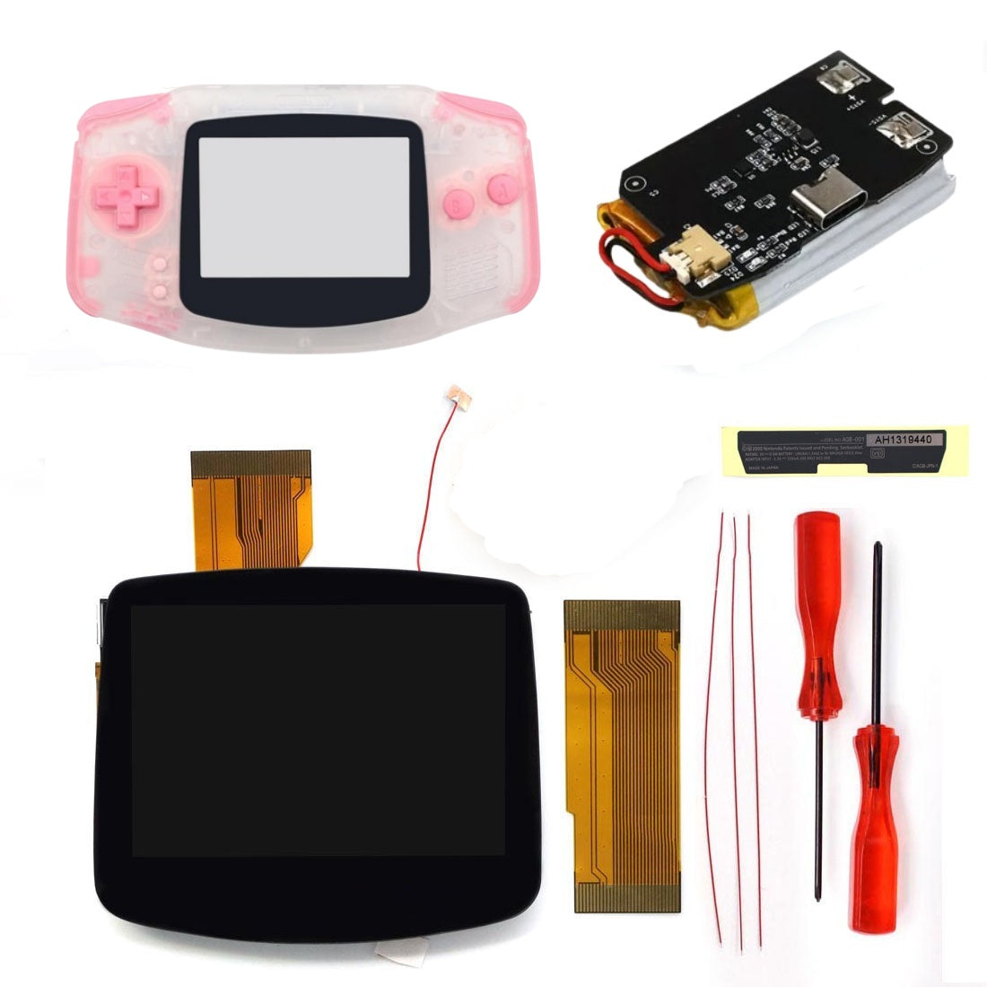 New Rechargeable 1800 Battery Type-C GBA Replacement Plastic Shell V5 Pre-laminated IPS LCD Screen Kit w/Housing Kits