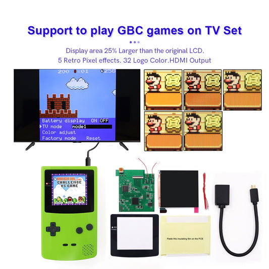720P Retro Pixel HDMI-compatible IPS Backlight LCD Kit W/Pre-cut Shell For GBC