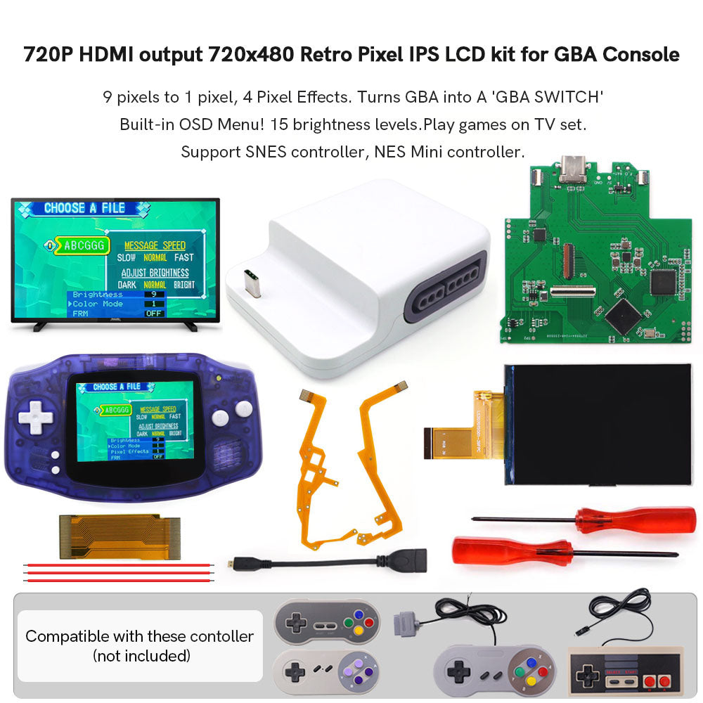 TV version HDMI V5 GBA Screen Mod Kits IPS Replacements with 720P HDMI-Compatible Dock Station For Game Boy Advance Play on TV