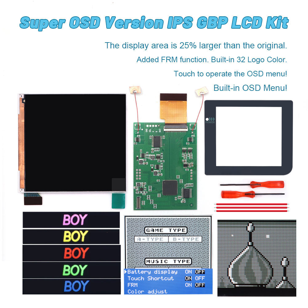 32 Logo Color Adjustable GBP Q5 IPS Larger Screen LCD Display Build in OSD FRM for GBP Retro Pixel Screen Kits with Shell