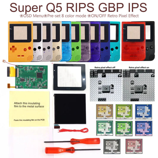 HISPEEDIDO GBP Q5 IPS LCD Larger Screen Display Build in OSD for Gameboy Pocket 8 Color Retro Pixel Screen Mod Kits with Shell