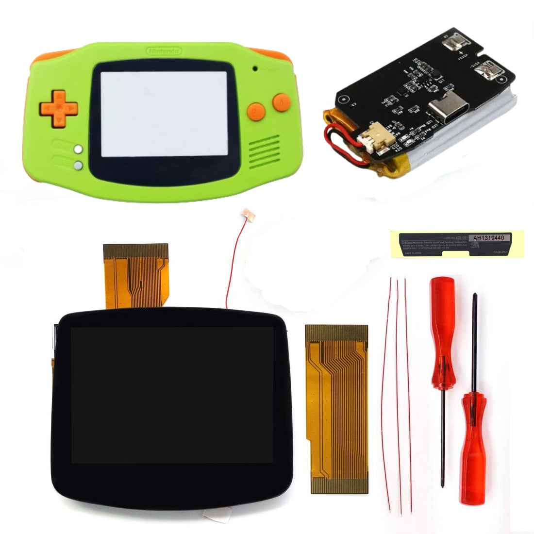 New Rechargeable 1800 Battery Type-C GBA Replacement Plastic Shell V5 Pre-laminated IPS LCD Screen Kit w/Housing Kits