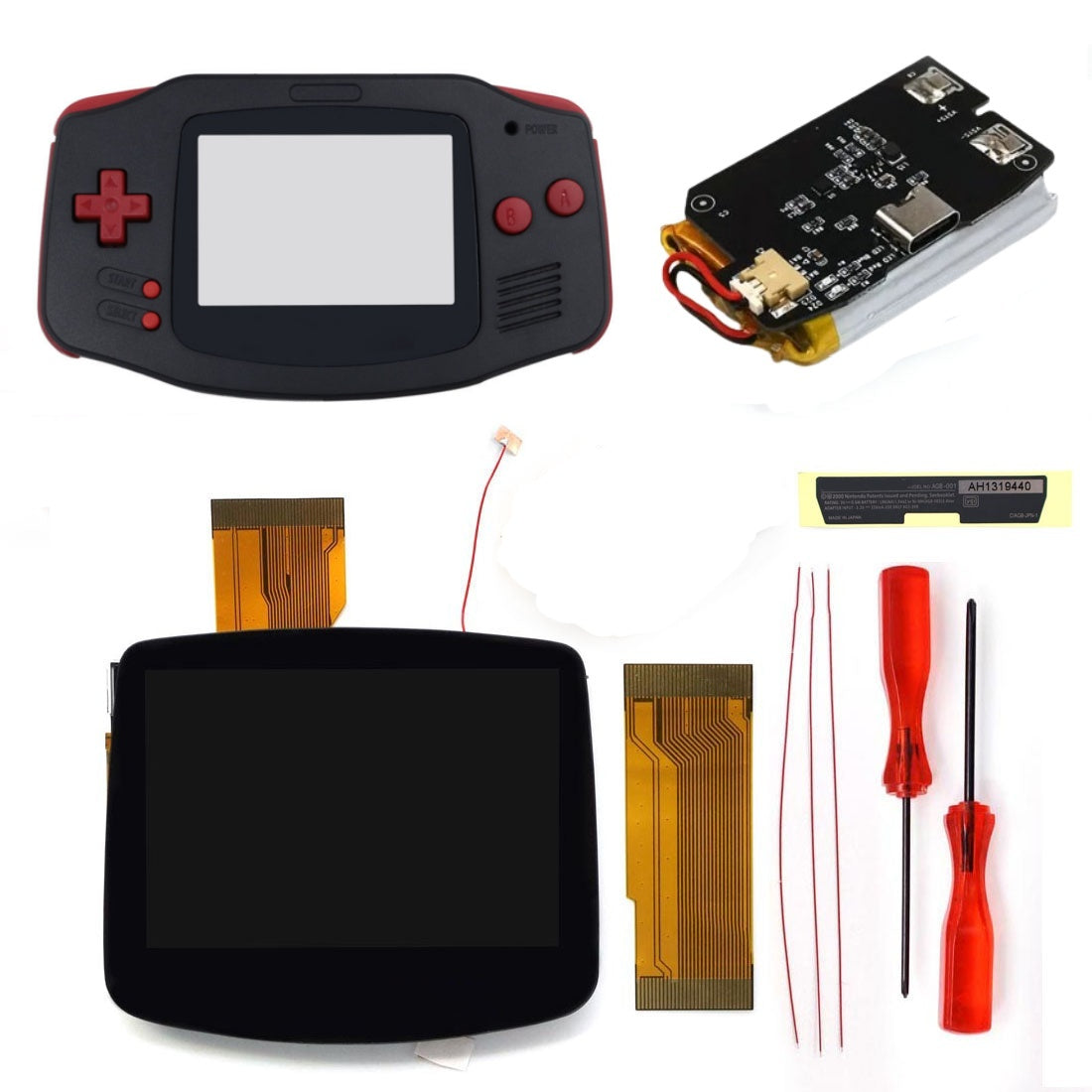 New Rechargeable 1800 Battery Type-C GBA Replacement Plastic Shell V5 Pre-laminated IPS LCD Screen Kit w/Housing Kits