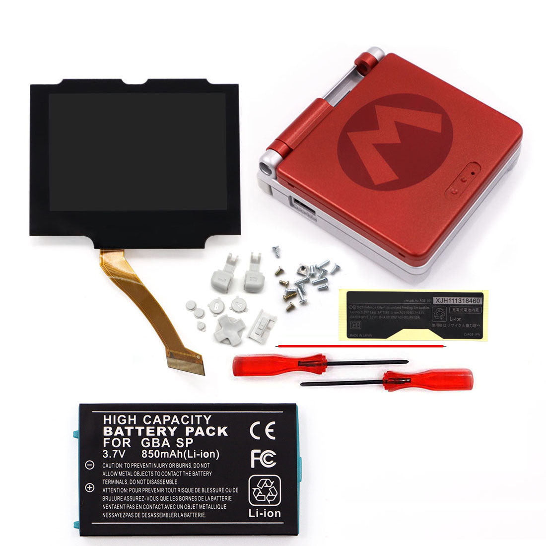 850mah 3.7V Battery Pack V5 Laminated IPS 3.0 inch Drop in Screen Kit For GBA SP Build in OSD Desaturation LCD Kit Easy to Install