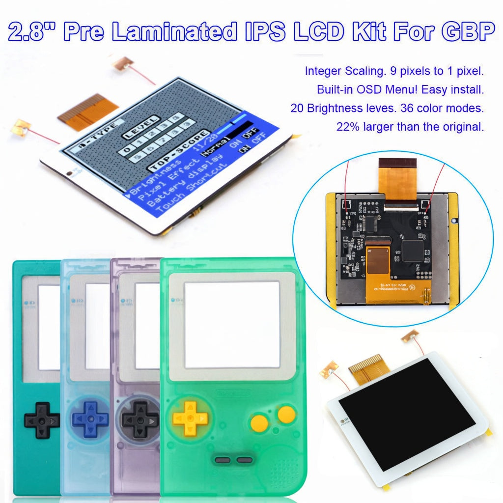 White Laminated 2.8 inch Larger IPS Screen LCD Integer Scaling Build in OSD For GBP Gameboy Pocket Retro Pixel Screen Kits with Shell