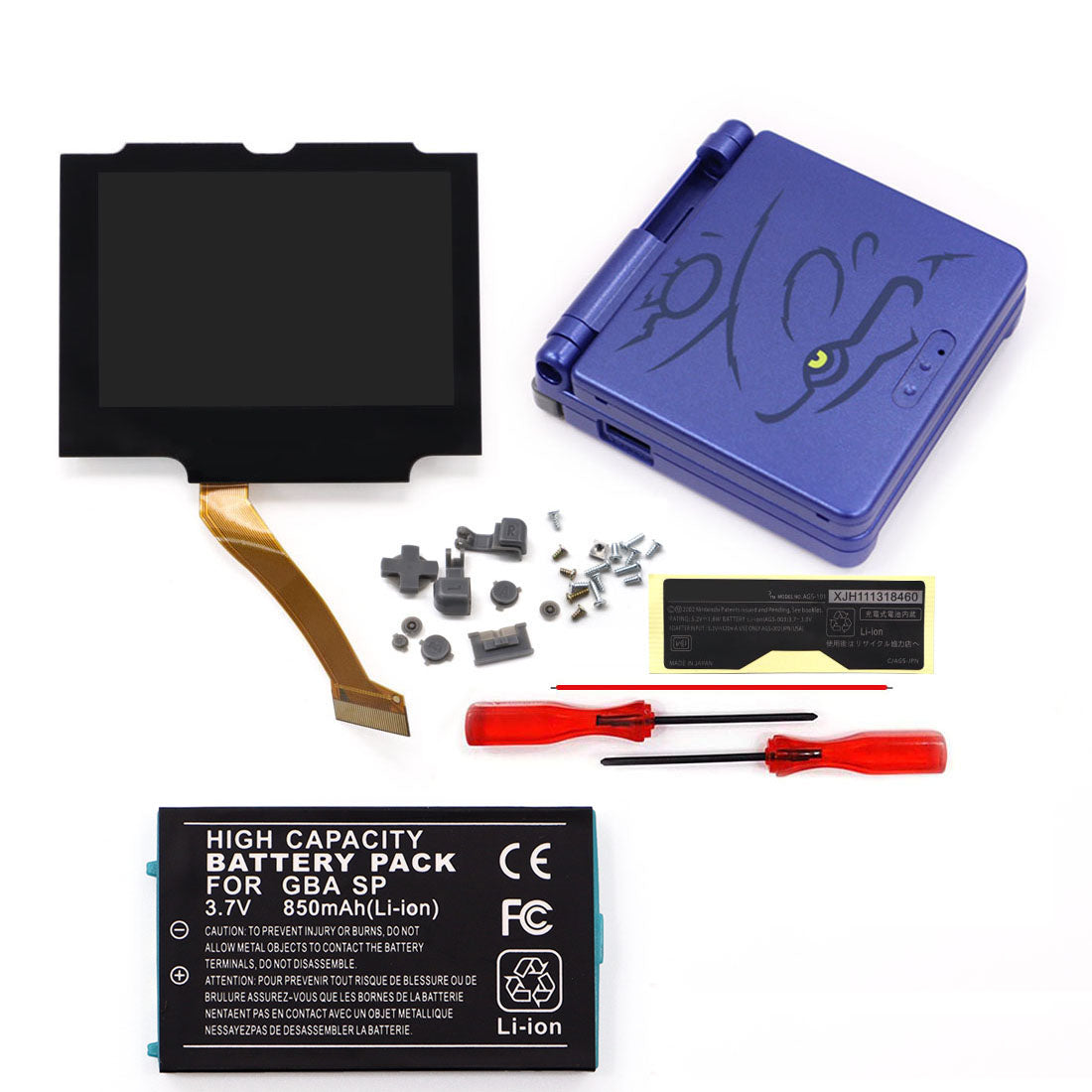 3.7V Battery Pack V5 Laminated IPS 3.0 inch Drop in Screen Kit For GBA SP Build in OSD Desaturation LCD Kit Easy to Install