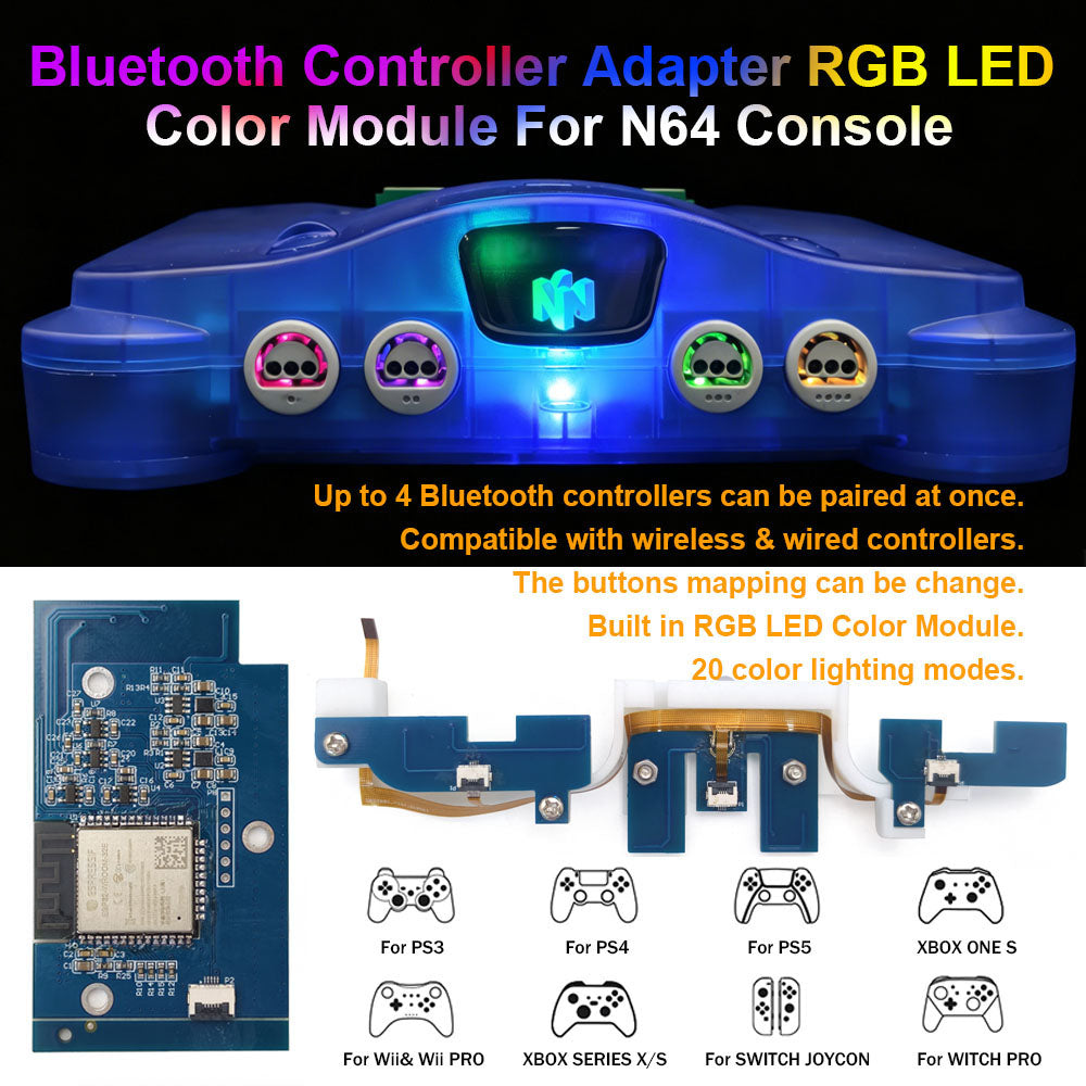 Hispeedido Newest For N64 Wireless Controller iBlueControlMod Internal Adapter RGB LED Color Module For N64 Console