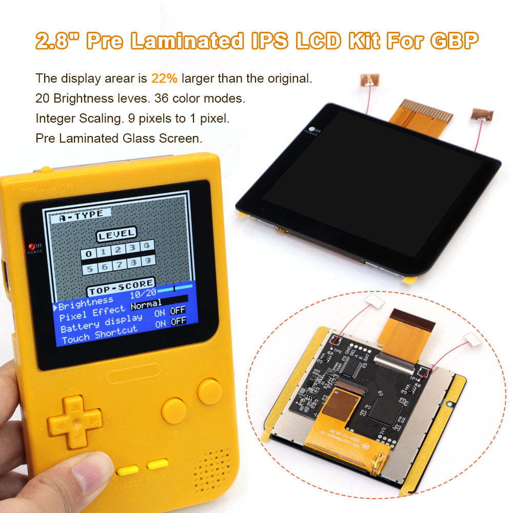 Laminated 2.8 inch Larger IPS Screen LCD Integer Scaling Build in OSD For GBP Gameboy Pocket Retro Pixel Screen Kits with Shell