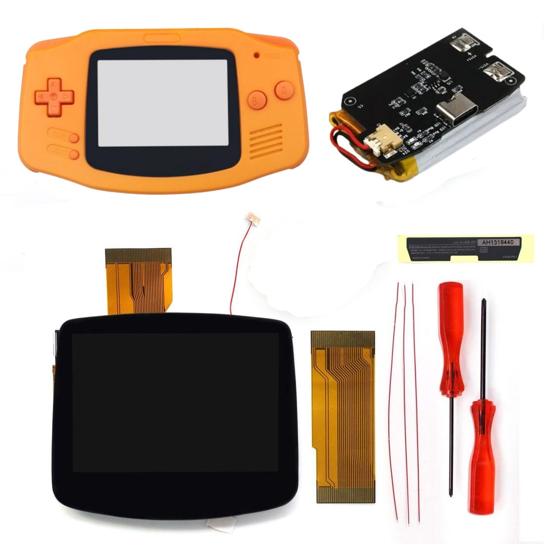 New Rechargeable 1800 Battery Type-C GBA Replacement Plastic Shell V5 Pre-laminated IPS LCD Screen Kit w/Housing Kits