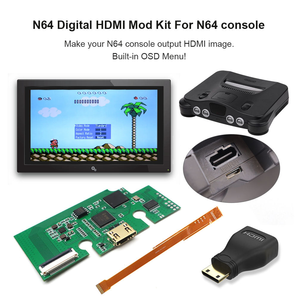 HISPEEDIDO For N64 Digital HDMI Mod Kits Transfer Port PCB Sets Play Games on TV, Game Console Spares 3 Aspect Ratio