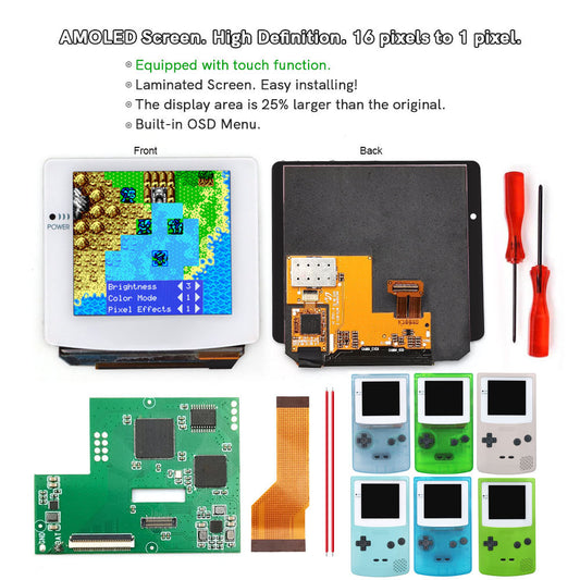 HISPEEDIDO White lens Laminated AMOLED OLED Touch Screen Drop in Build in OSD RETRO PIXEL Screen Easy Install For GBC GameBoy Color With Pre-cut Shell