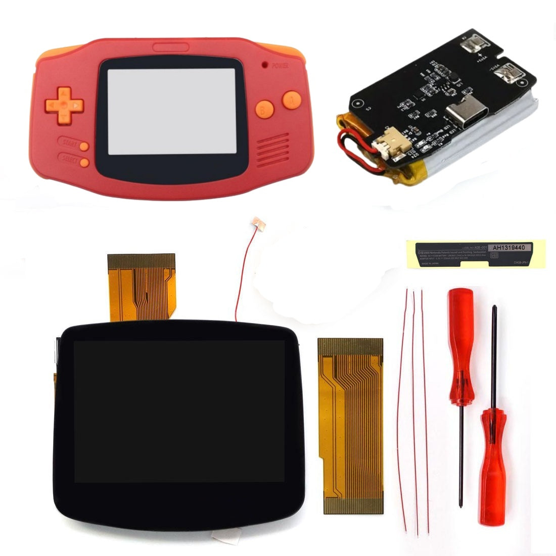 New Rechargeable 1800 Battery Type-C GBA Replacement Plastic Shell V5 Pre-laminated IPS LCD Screen Kit w/Housing Kits