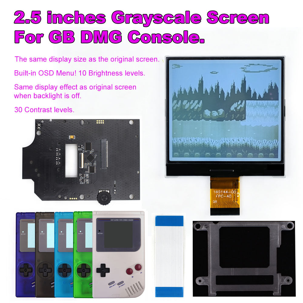 HISPEEDIDO 2.5 inches Grayscale LCD Screen Kit For GameBoy GB DMG Same Display Size Easy Install Drop-in OSD Menuw/Speaker