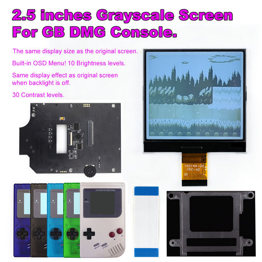 HISPEEDIDO 2.5 inches Grayscale LCD Screen Kit For GameBoy GB DMG Same Display Size Easy Install Drop-in OSD Menuw/Speaker