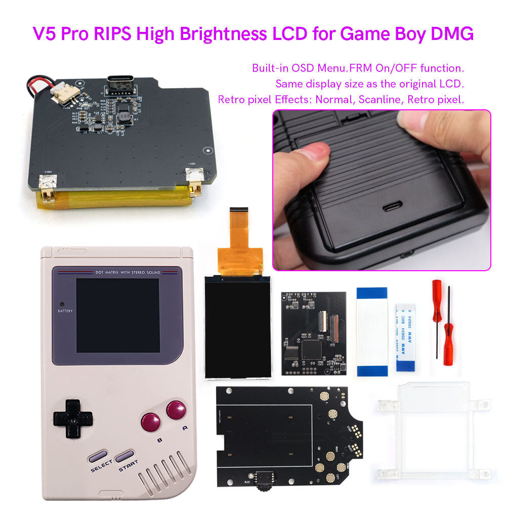 Rechargeable V5 Pro IPS Screen RIPS Housing Color Case Pixel OSD FRM Backlight Highbright LCD Mod Kits for GAMEBOY DMG GBO