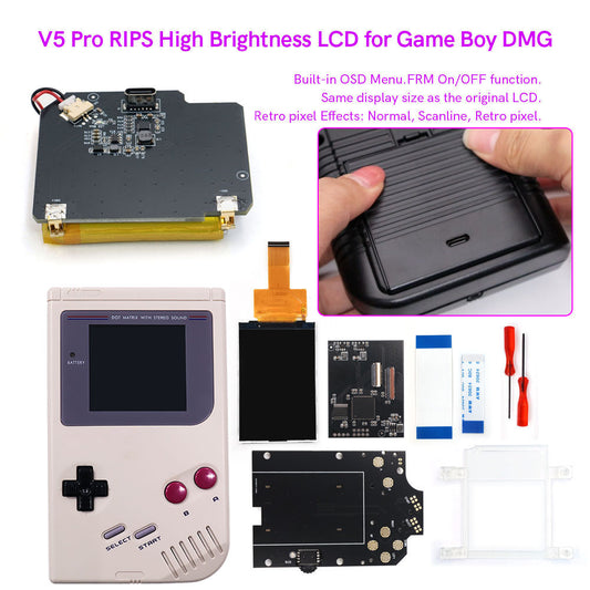 Rechargeable V5 Pro IPS Screen RIPS Housing Color Case Pixel OSD FRM Backlight Highbright LCD Mod Kits for GAMEBOY DMG GBO