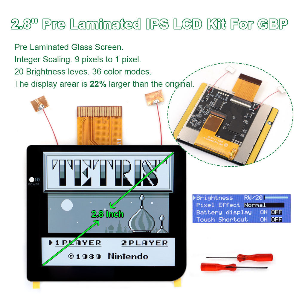 Laminated 2.8 inch Larger IPS Screen LCD Integer Scaling Build in OSD For GBP Gameboy Pocket Retro Pixel Screen Kits with Shell