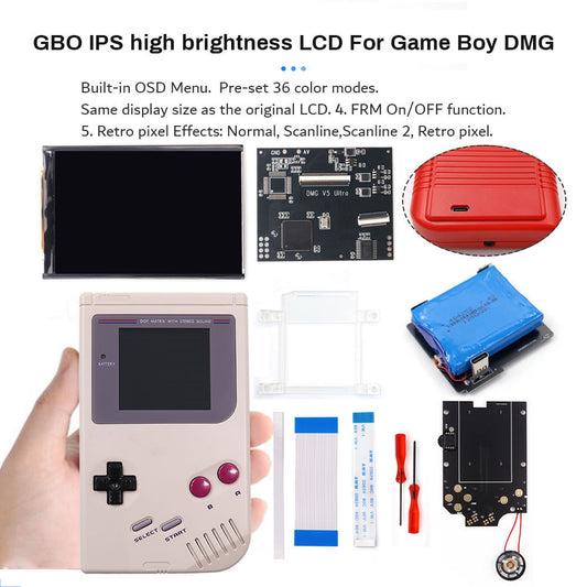 Rechargeable V5 Pro IPS Screen RIPS Housing Color Case Pixel OSD FRM Backlight Highbright LCD Mod Kits for GAMEBOY DMG GBO