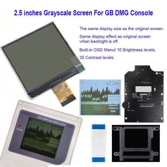 HISPEEDIDO 2.5 inches Grayscale LCD Screen Kit For GameBoy GB DMG Same Display Size Easy Install Drop-in OSD Menu
