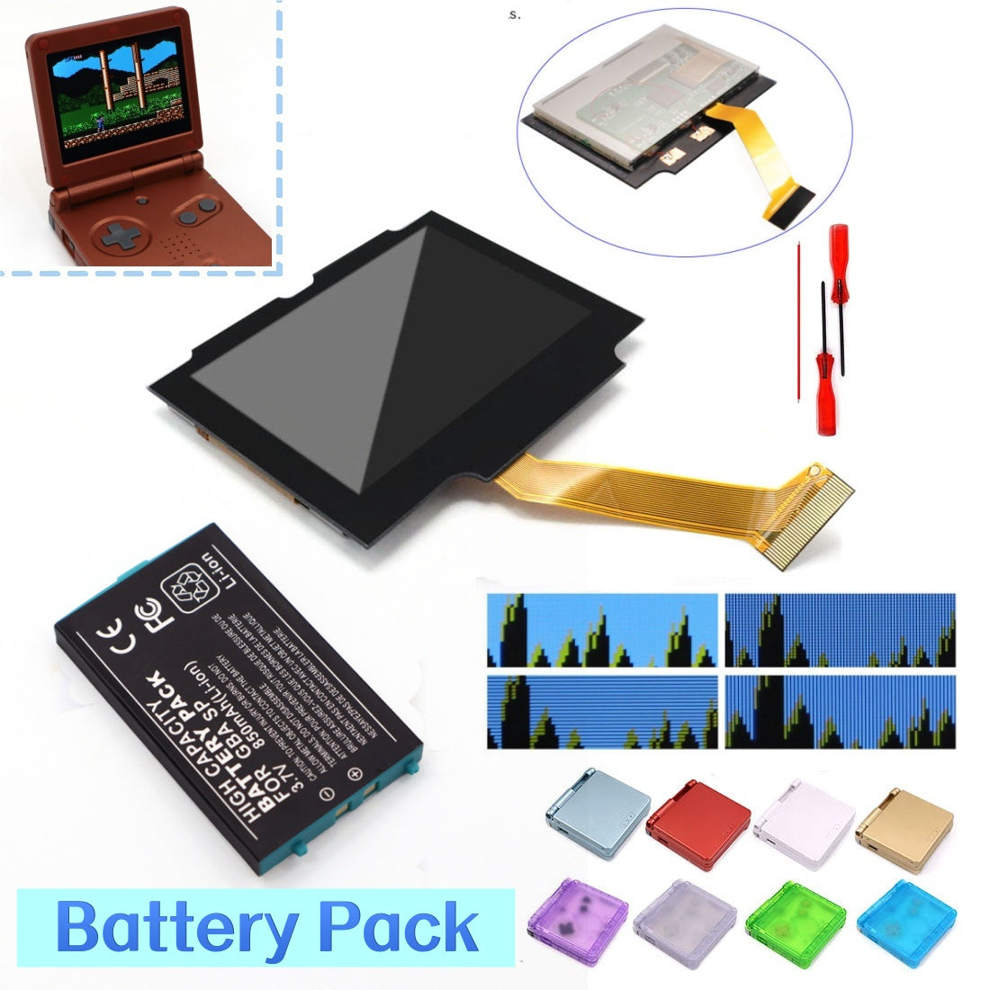 3.7V Battery Pack V5 Laminated IPS 3.0 inch Drop in Screen Kit For GBA SP Build in OSD Desaturation LCD Kit Easy to Install
