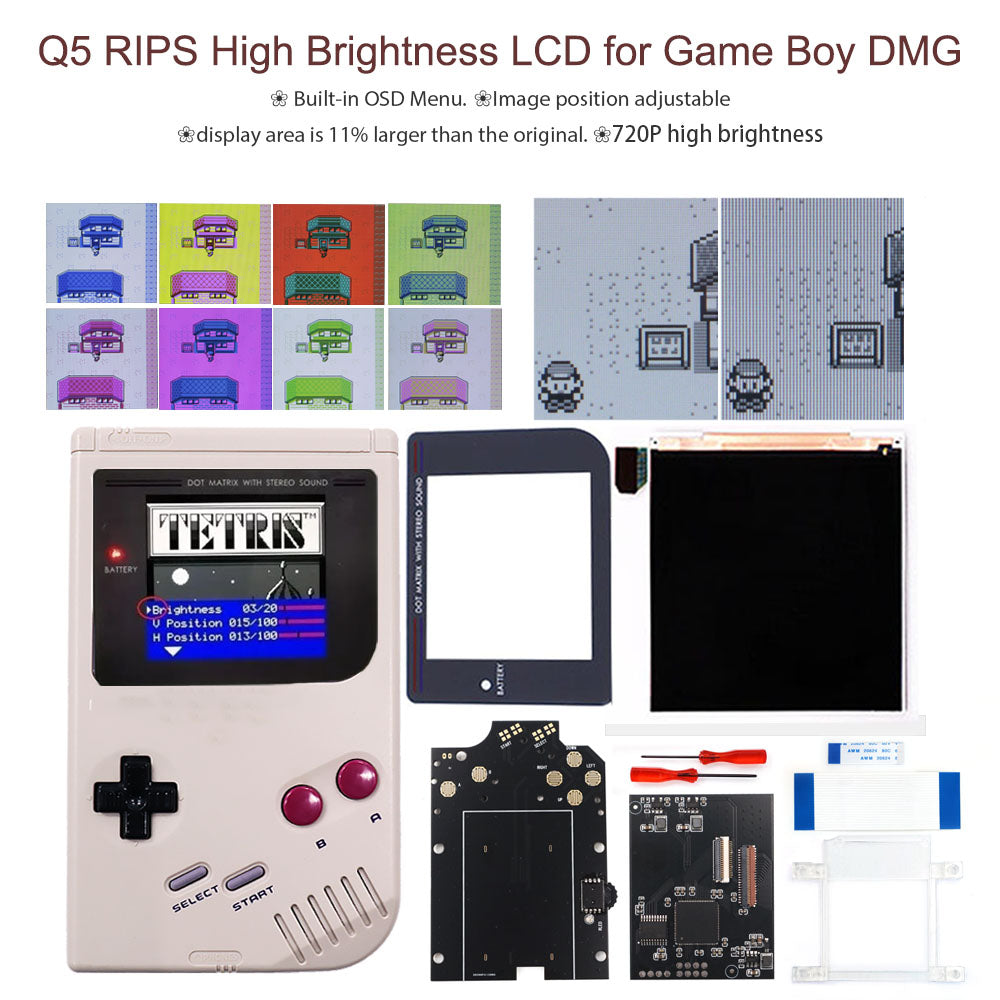 HISPEEDIDO For GBO OSD Q5 Larger Size RIPS LCD IPS Screen Mod Kits Multiful Choice Shell, Lens For GAMEBOY DMG GBO with Pre-Solder Speaker