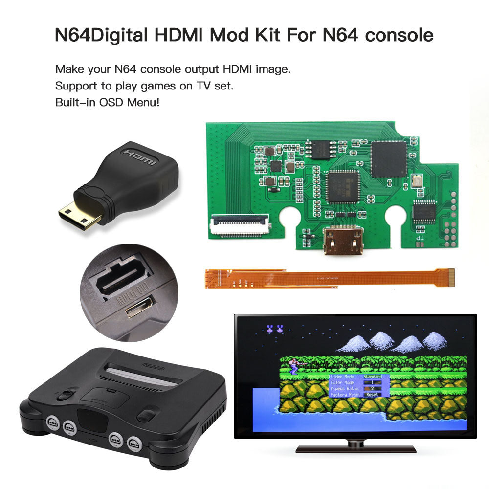 HISPEEDIDO For N64 Digital HDMI Mod Kits Transfer Port PCB Sets Play Games on TV, Game Console Spares 3 Aspect Ratio