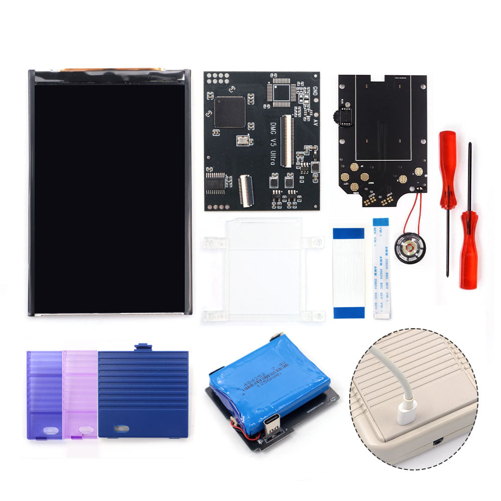 Rechargeable V5 Pro IPS Screen RIPS Housing Color Case Pixel OSD FRM Backlight Highbright LCD Mod Kits for GAMEBOY DMG GBO