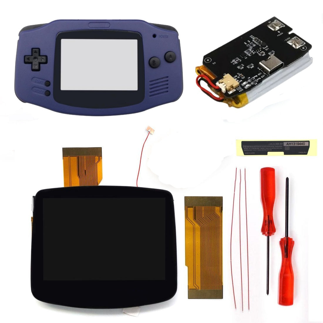 New Rechargeable 1800 Battery Type-C GBA Replacement Plastic Shell V5 Pre-laminated IPS LCD Screen Kit w/Housing Kits