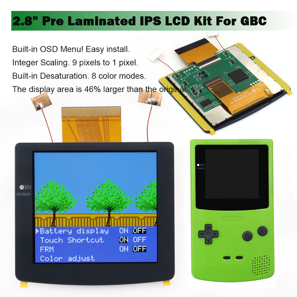 2026 Black White 2.8" Laminated IPS LCD For GBC 480x432 Integer Scaling Backlight Retro Pixel KIT For Game boy Color