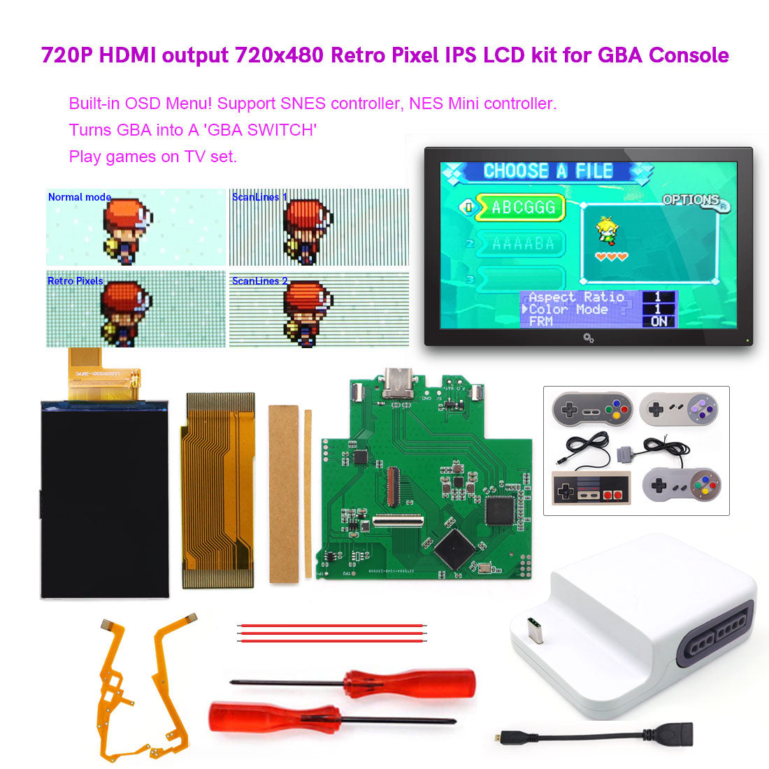 TV version HDMI V5 GBA Screen Mod Kits IPS Replacements with 720P HDMI-Compatible Dock Station For Game Boy Advance Play on TV