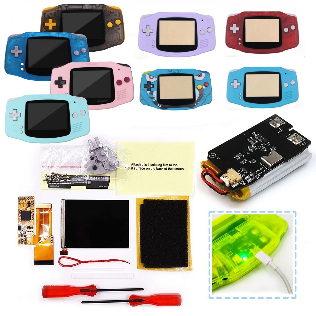 Rechargeable IPS GBA V2 LCD Display 10 Levels High Brightness Backlight LCD for Game boy Advance Console V2 version with Pre-cut Housing
