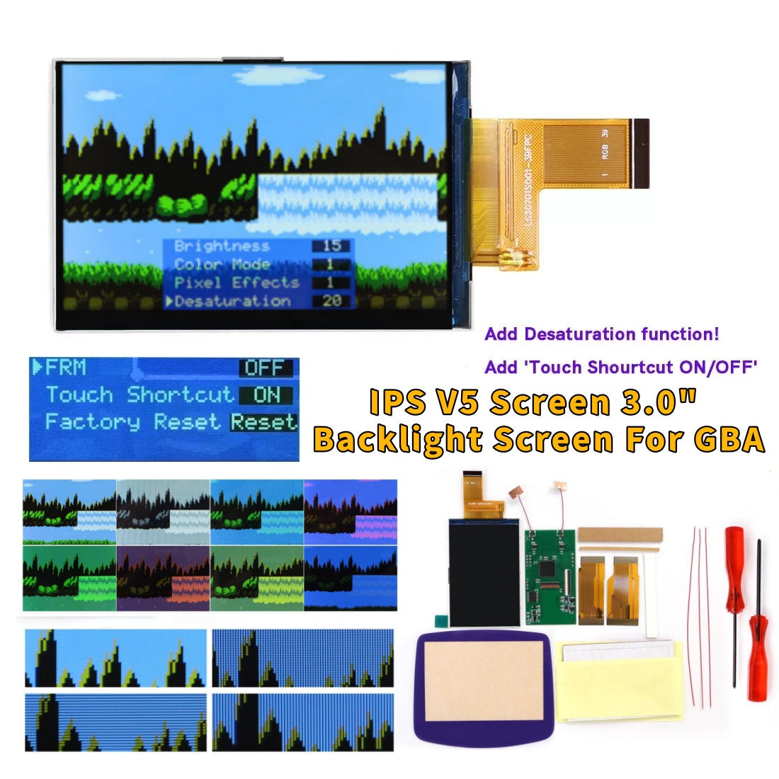 HISPEEDIDO V5 Upgrade HD High defination Drop In 3.0" 3 inch Highlight 720*480 720x480 Retro pixel OSD Menu IPS LCD kit for GBA Advance w/Shell